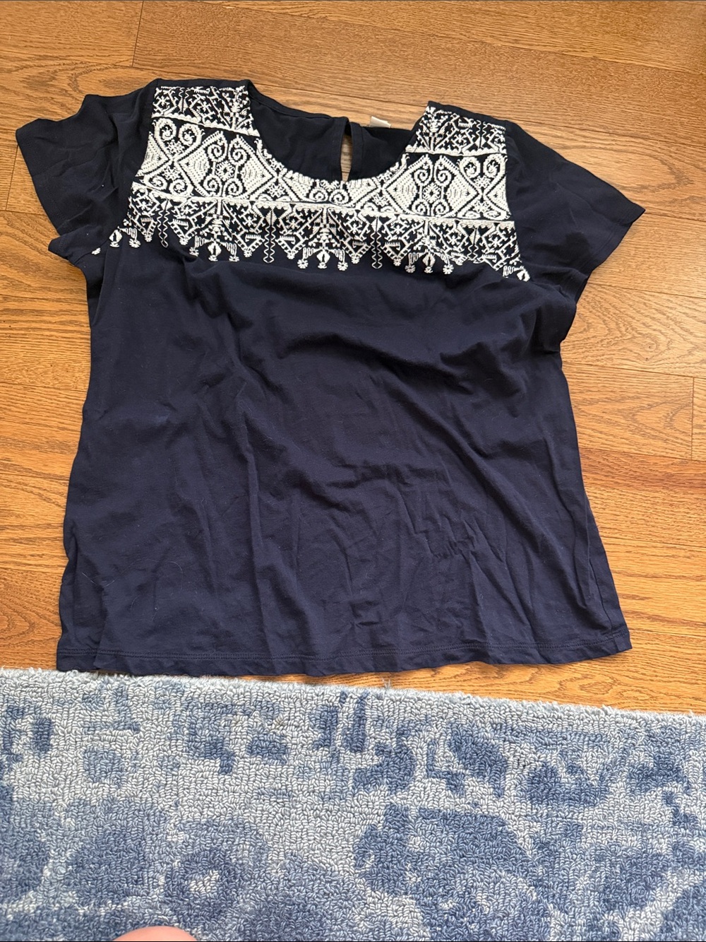 J. Crew Navy Short-Sleeve Embroidered Yoke Top